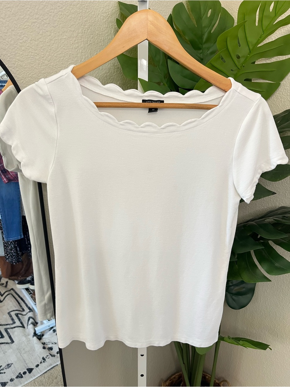 🤍 Ann Taylor Factory White Scallop Neck Top | Petite Medium | Classic Chic